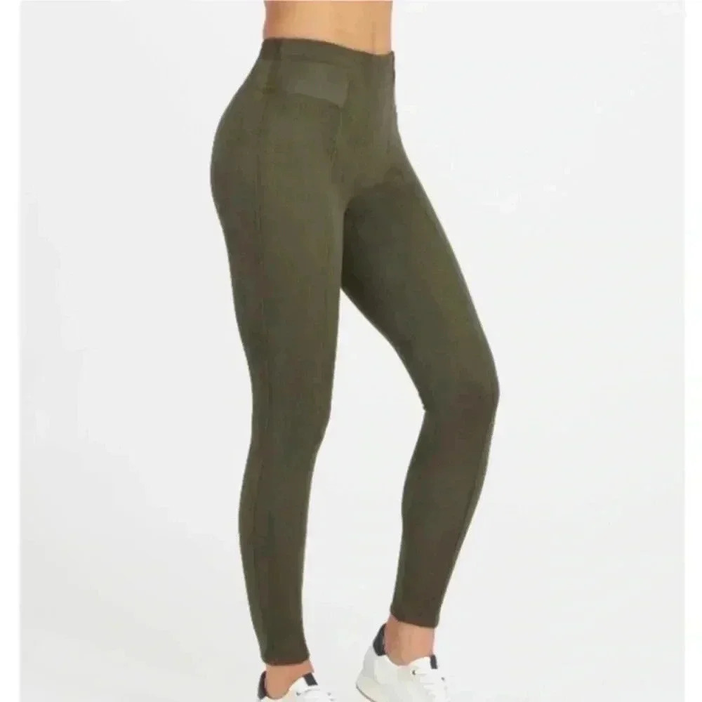 Spanx Faux Suede Leggings Size Small Dark Olive Green
